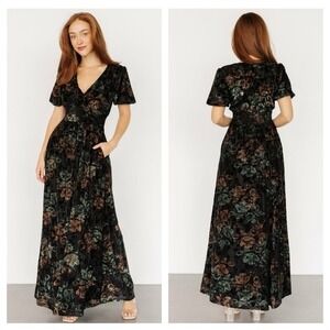 Baltic Born Leslie Velvet Maxi Dress Black Deep Jade Floral Short Sleeve L NEW